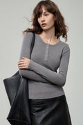Stretchy Ribbed Henley Long Sleeve Top