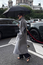 Lazy-Chic European Solid Color Stand Collar Belted Long Overcoat