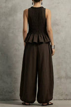 Dark Brown Smocked Peplum Top + Balloon Wide-Leg Pants Set