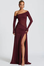 Off Shoulder Long Sleeve Backless Thigh Split Maxi Dress