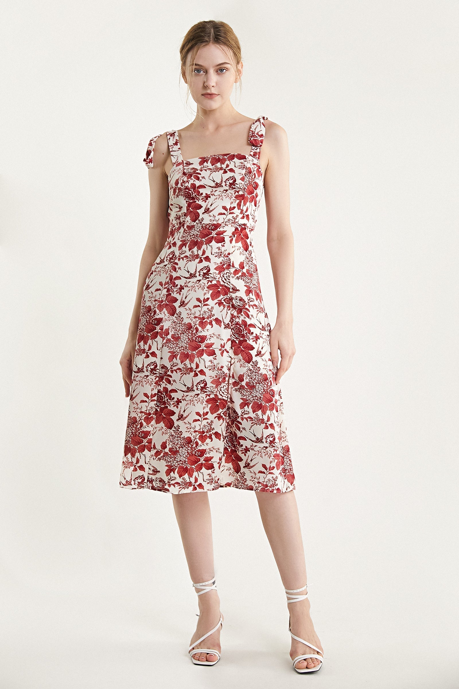 Beige Floral Print Tie Strap Slit Hem Midi Dress