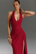 Halter Backless Tie HighSlit Ruched Formal Dress