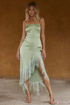 Sexy Solid Sling Backless Tie Fringe Asymmetrical Midi Cocktail Dress