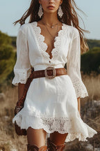 Solid Color V-neck Lace Trim Slim-fit Mini Dress
