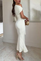 Ariarne Asymmetric Neck Long Draped Sleeve Gold Hardware Detail Midi Stretch Dress