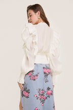 Beige Pointelle Knit Ruffled Chiffon Puff Sleeve Cardigan