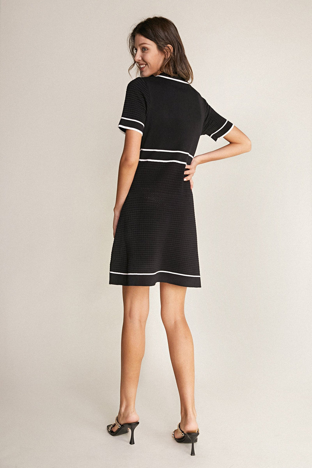 Black Contrast Trim Collared Knitted Mini Dress