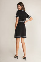 Black Contrast Trim Collared Knitted Mini Dress