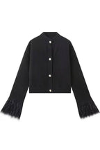 Cropped knitted cardigan with feather cuffs