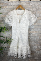 Gilda Effortless Sweet Valor Crochet Lace Mini Dress with Puff Sleeves and Buttons Elevated Occasion Wear