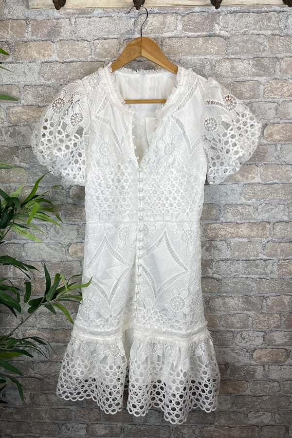 Gilda Effortless Sweet Valor Crochet Lace Mini Dress with Puff Sleeves and Buttons Elevated Occasion Wear