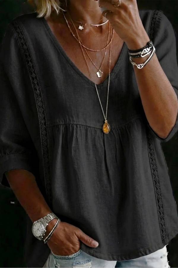 V-Neck Lace Trim Linen Blend Babydoll Blouse