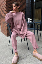 Solid Distressed Knit Crew Neck Sweater Two Piece Set