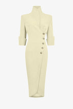 Elegant Look Linen Blend Stand Lapel Neck Half Sleeve Side Button Midi Dress