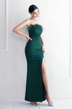 Elegant Feather Trim Strapless Formal Dress