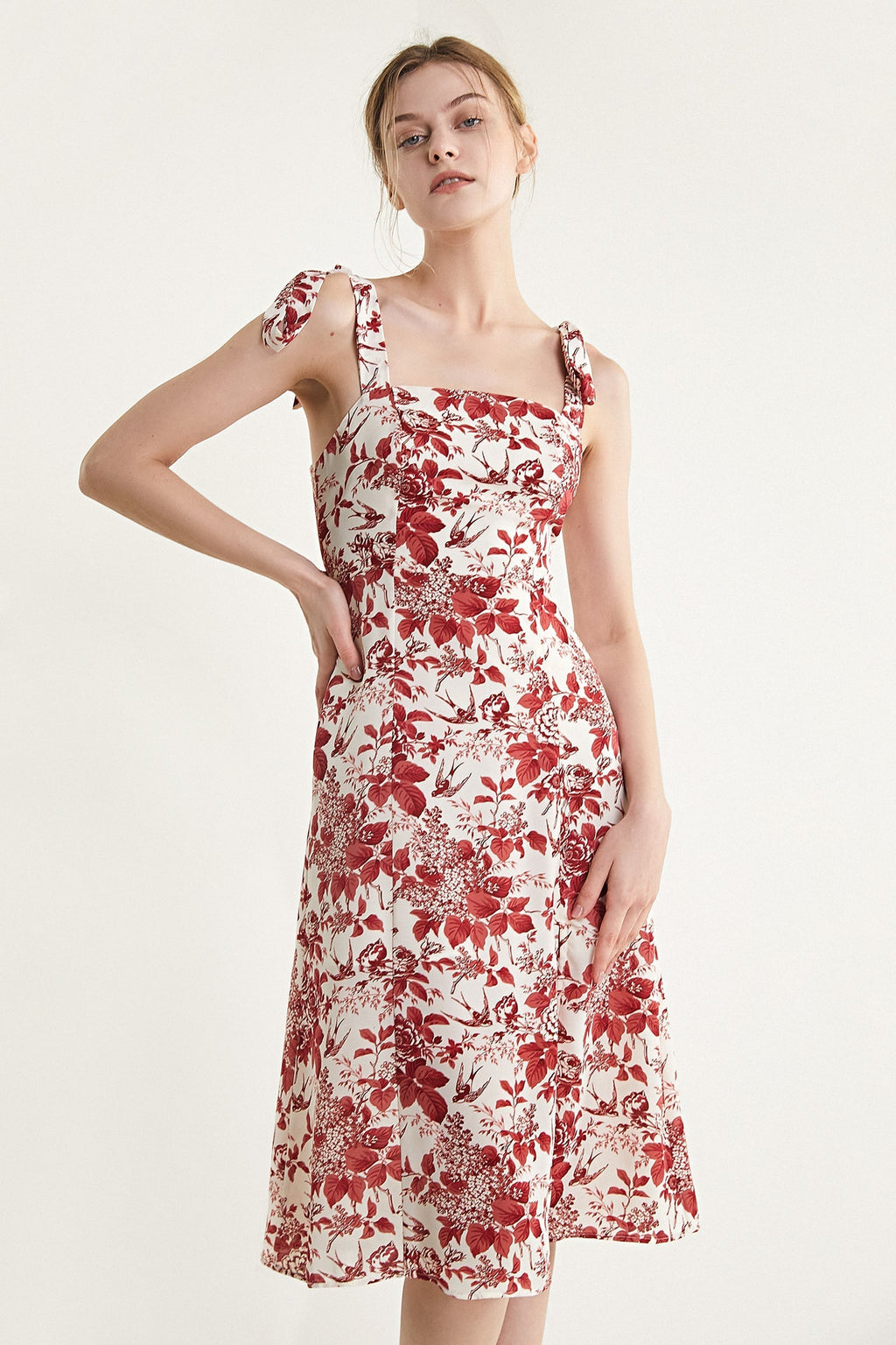Dark Red Floral Print Tie Strap Slit Hem Midi Dress