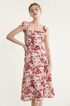 Dark Red Floral Print Tie Strap Slit Hem Midi Dress