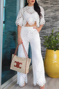 White Eyelet Embroidery Stand Collar Crop Top & Wide Leg Pants Two-Piece Set