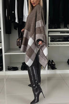 Calm and Elegant Knit Plaid Color Block Batwing Sleeve Loose Poncho