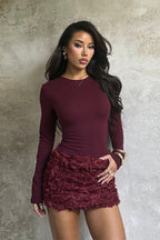 3D Floral Panel Long Sleeve Bodycon Mini Dress