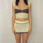 Beach Holiday 2 Piece Sets Crochet Hollow Out Crop Tops Backless Tie Up Knitted Tank Tops + Mini Pencil Skirt Y2K Vintage Outfit