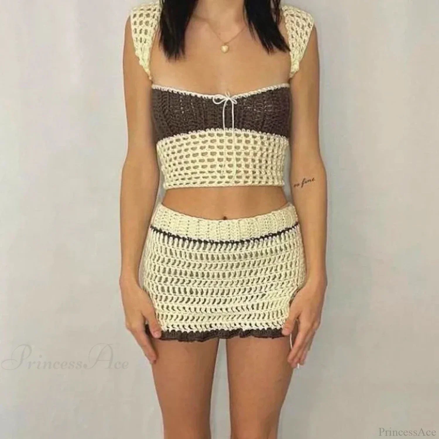 Beach Holiday 2 Piece Sets Crochet Hollow Out Crop Tops Backless Tie Up Knitted Tank Tops + Mini Pencil Skirt Y2K Vintage Outfit