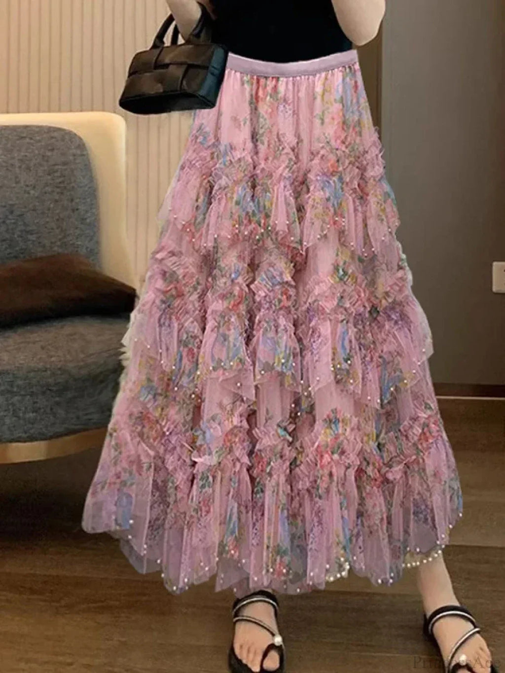Beading Elegant Asymmetrical Mesh Tulle Skirt