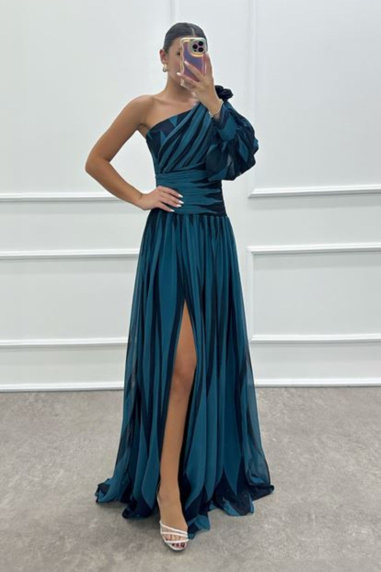 Roma Minimalist One Shoulder Dress with Rose Detail and Patterned Design Statement Occasion Edit