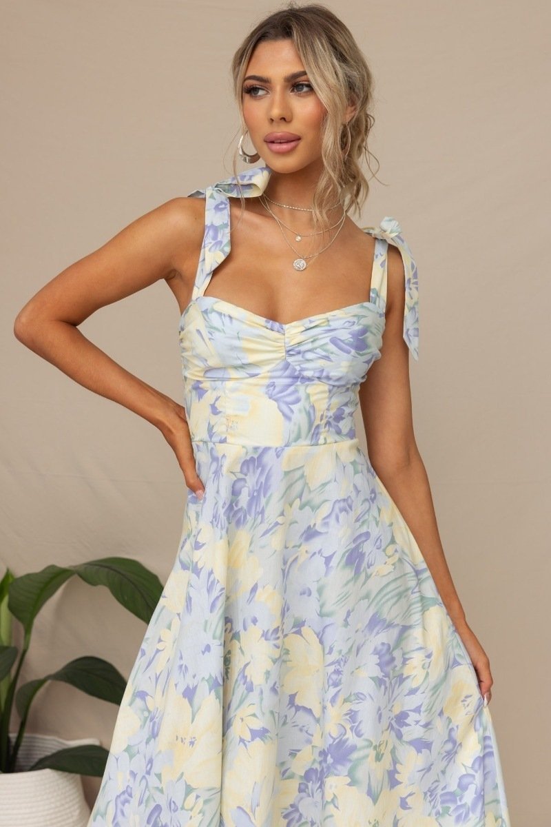 Salomé Premium Printed Midi Dress with Straps Designer Edit