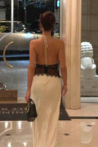 Deep V HighWaist Halter Backless Midi Silk Dress