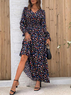 Estefanía Aesthetic Smocked Printed Dress with Flounced Sleeves and V Neck Boutique Collection