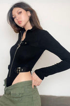 Techwear Metal Buckle Zipper High Waist Split Bodysuit