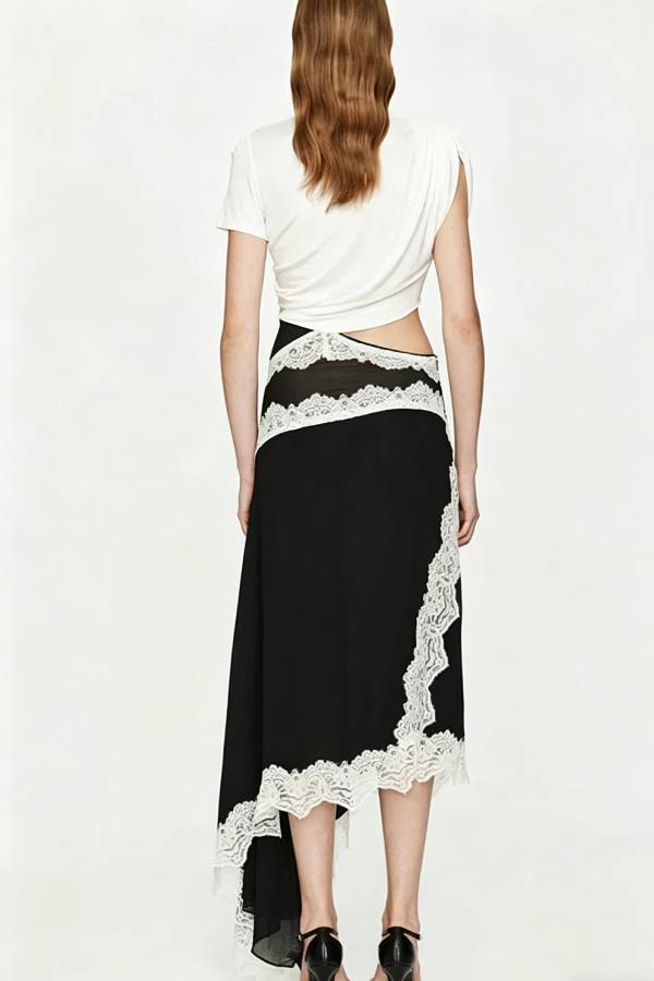 Verve Twisted Drape Across Tee Chiffon Lace Trim Hem Maxi Dress