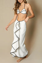 Black and White Color-blocked Two-piece Stretch Bikini Swimsuit and Elegant Ruffled Maxi Skirt Set