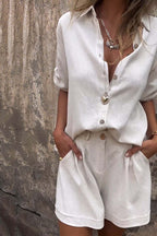 Linen Blend Solid Color Button Lapel Short Sleeve Shirt and Casual Pocket Shorts Set