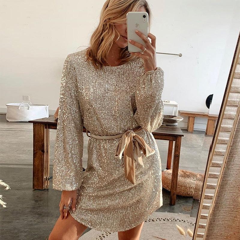 Noelia Statement Beige Glitter Dress for Special Occasions Chic Silhouette Collection