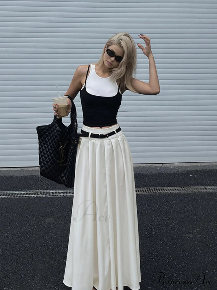 Belted Pleated Graceful Long Skirt