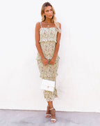 Be My Guest Floral Smocked Ruffle Midi Dress Sage