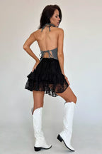 Sheer Lace Jacquard Tiered Mini Skirt