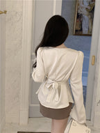 Beige Satin Cowl Neck Long Sleeve Blouse