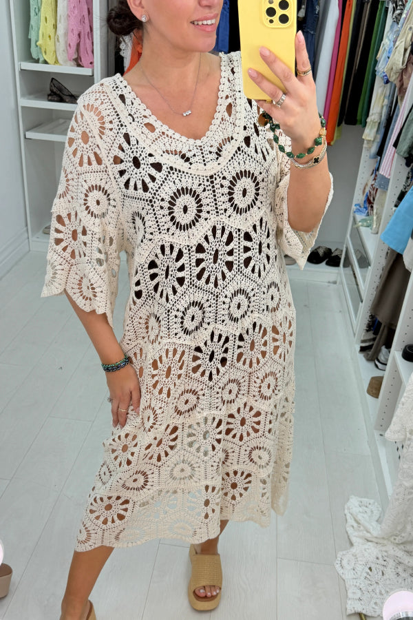 Fashionable Openwork Crochet Loose Round Neck Casual Midi Dress
