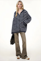 Stripe Hooded Retro Drawstring Pocket Plus Size Knit Cardigan