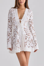 Bianca Lace Floral Pattern Lace Trim Tie-up V-neck Long Sleeve Mini Dress