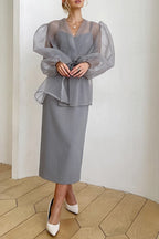 Sheer Mesh Puff-Sleeve Tie-Front Blouse