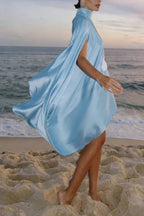 Luisa Satin Floral Print Pleated High-neck Batwing Cutout Sleeve Loose Cape Mini Dress