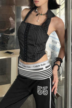 Stripe Bodycon Corset Lace Trim Crop Top