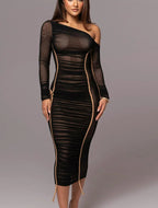 Diagonal Collar Draped Mesh Maxi Dress