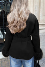 Wool Blend Faux Fur Cuff Belted Long Coat