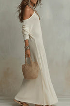 Solid Color Loose-fitting Slant Collar Long-sleeved Casual Slits Maxi Dress With