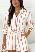 Leisure Time Striped Print Button Long Sleeve Shirt and Elastic Waist Pocket Loose Shorts Set